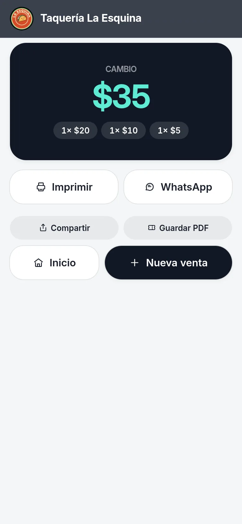 Pantalla de cambio: indica devolver 35 pesos con un billete de 20, uno de 10 y una moneda de 5.
