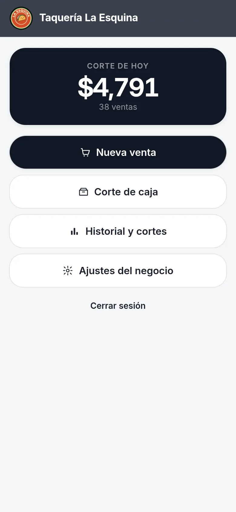 Pantalla de inicio con el corte de hoy: 4,791 pesos en 38 ventas.