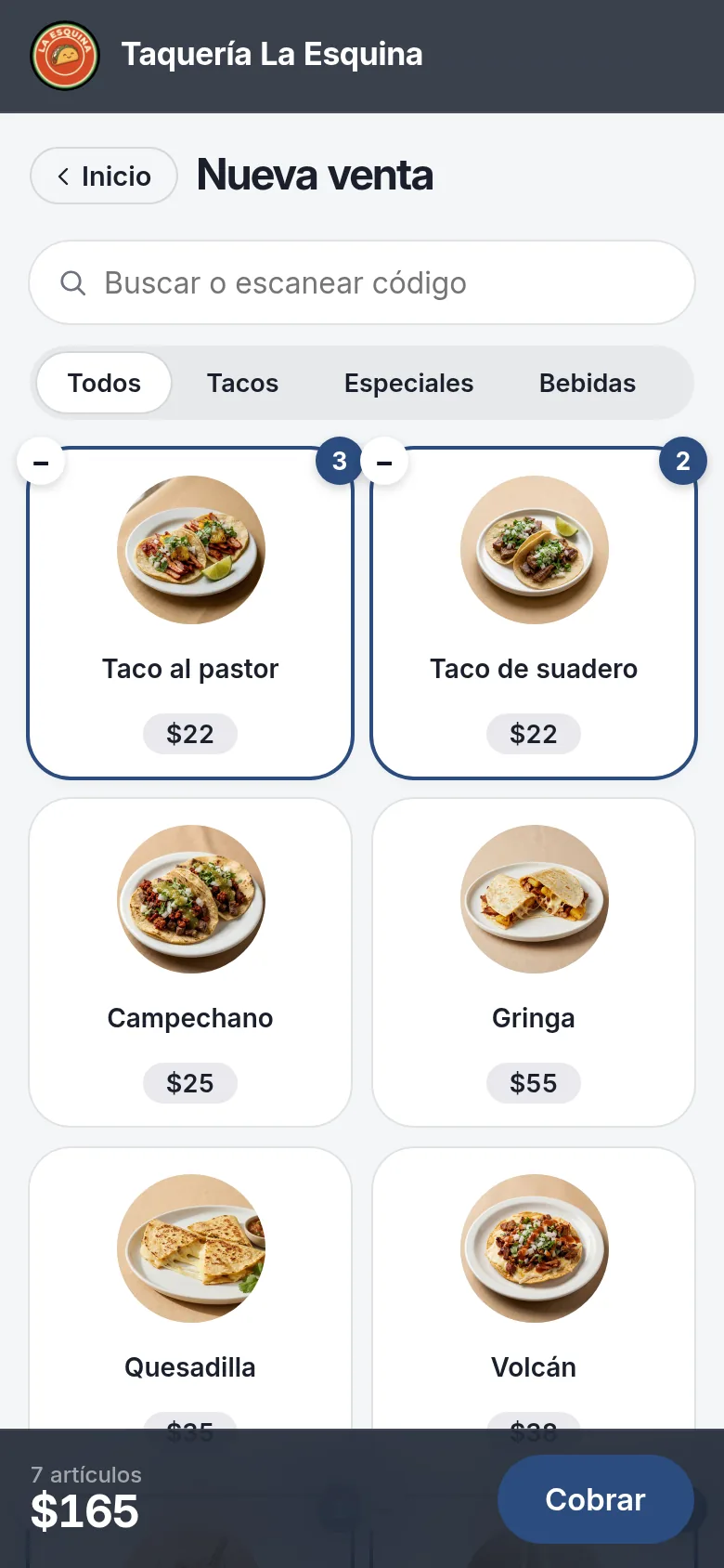 Pantalla de nueva venta con productos de una taquería y un total de 165 pesos.